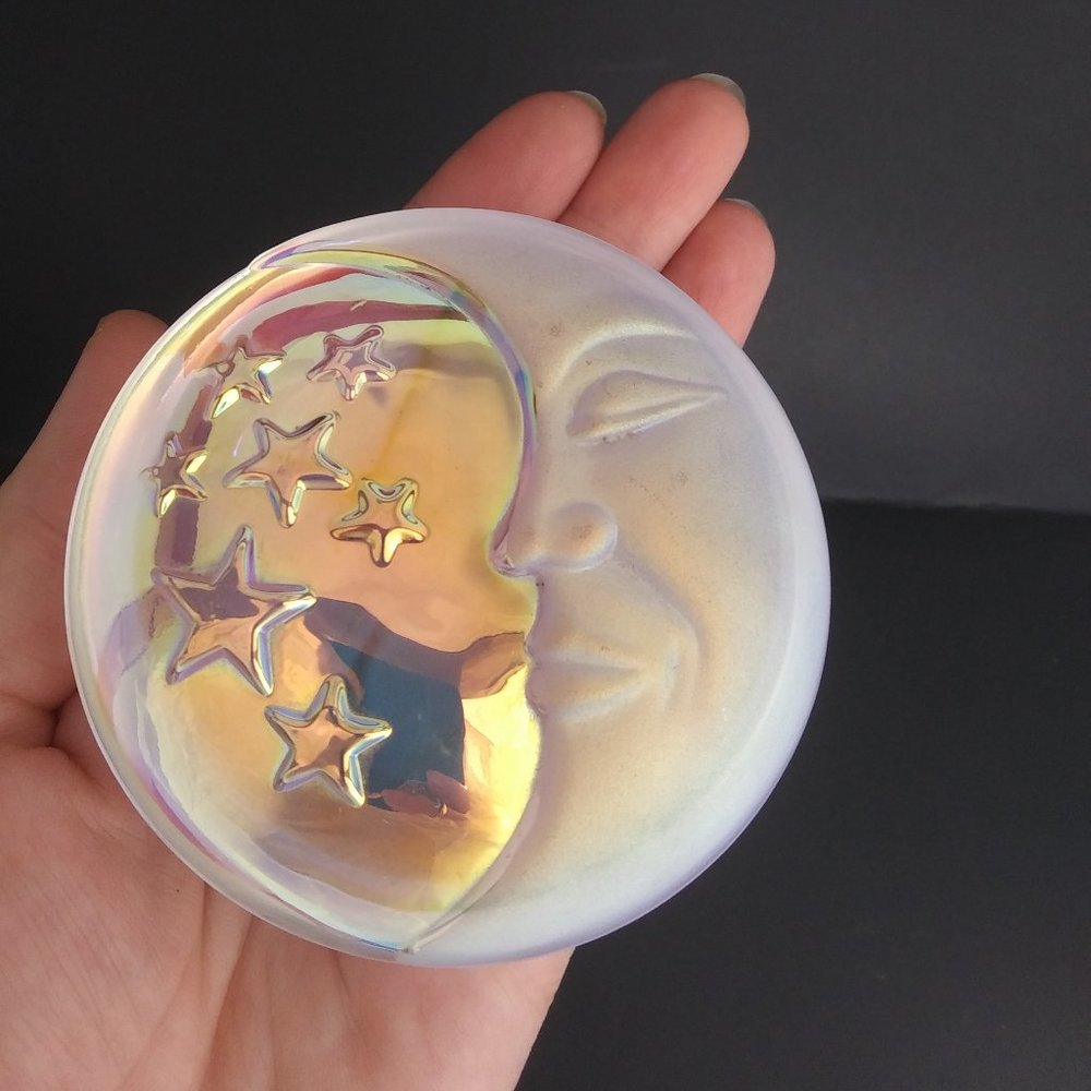 art glass paper weight Man in the moon with stars iridescent qualities